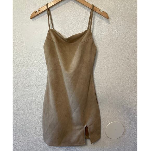 Mable Brown Faux Suede Spaghetti Strap Body Con Indie Sleaze Mini Dress Small - Picture 1 of 13